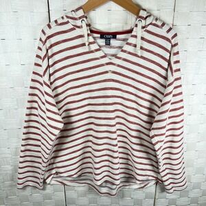 Chaps Womens XL Striped Hoodie‎ Sweater Red White V-Neck Long Sleeve Knit Top